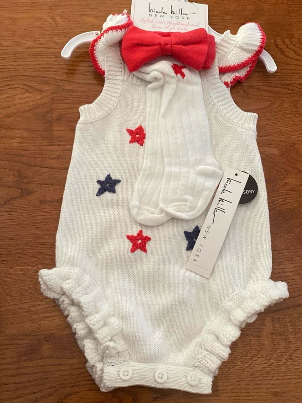 Nicole Miller White Knit Baby Romper with Red & Navy Stars